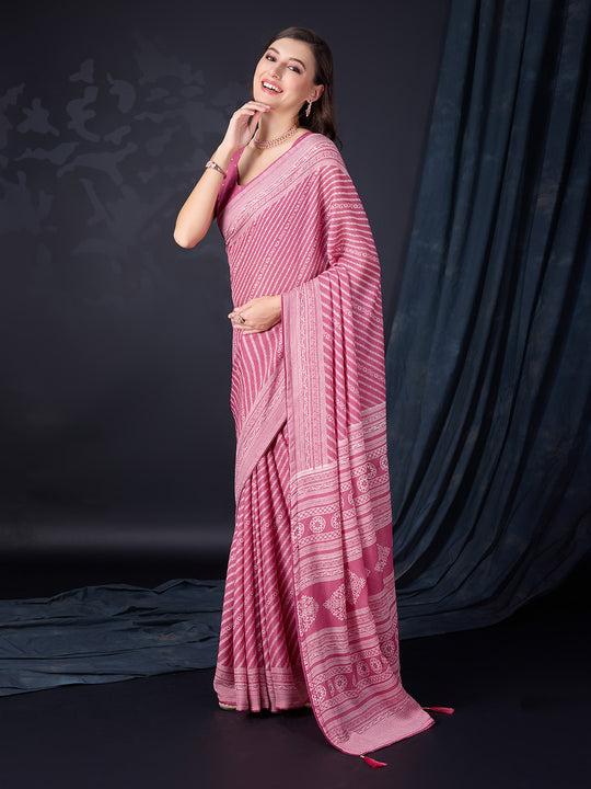 Pink Poly Georgette Saree With Blouse Piece