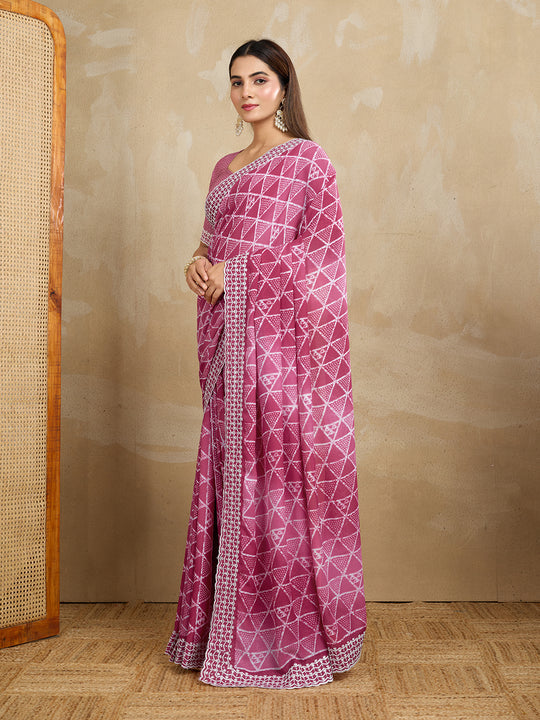 Poly Georgette Geometric Printed Saree With Embroidered Border And Blouse Piece