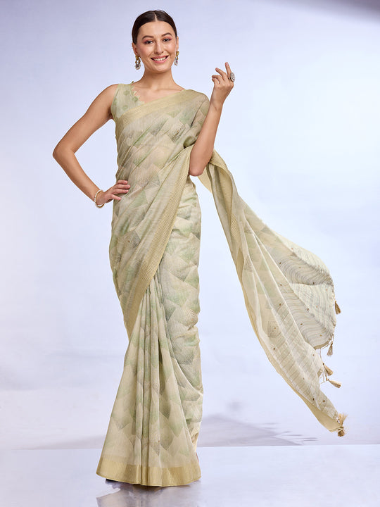 Green Tissue Linen Blend Saree With Blouse Piece