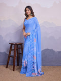 Blue Poly Chiffon Saree With Blouse Piece