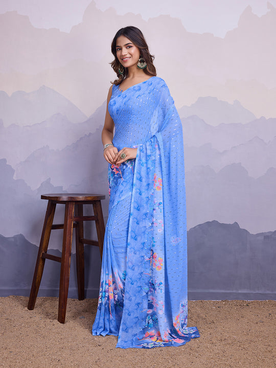 Blue Poly Chiffon Saree With Blouse Piece