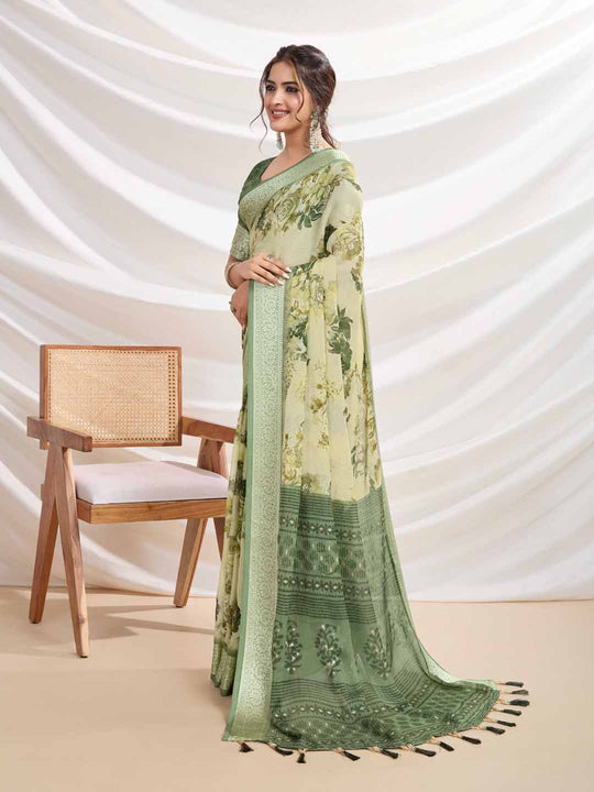Mintgreen Silk Chiffon Viscose Border Floral Printed Saree Saree With Blouse Piece