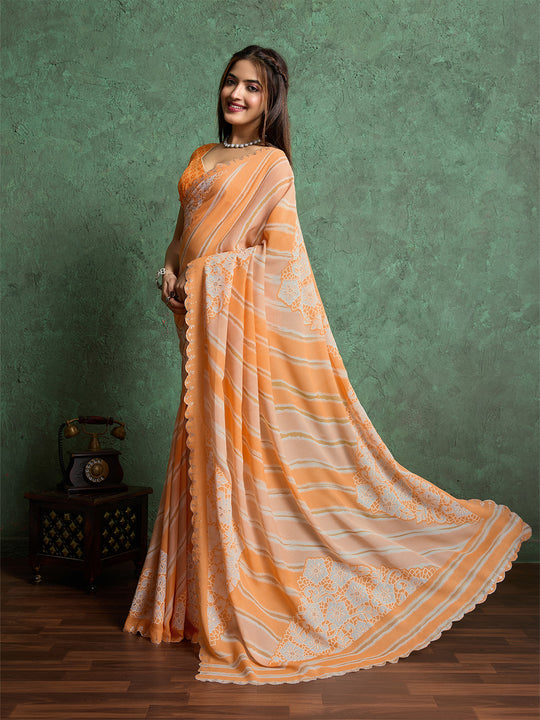 Poly Chiffon Leheriya Printed Saree With A Floral Touch And Swaroski Work With Scalloping