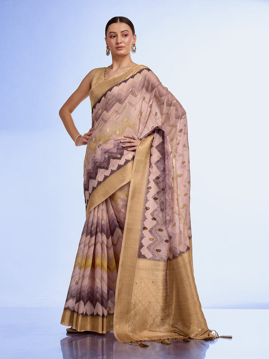 Cream Cotton Blend Saree With Blouse Piece