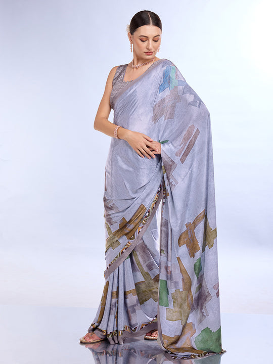 Lavender Satin Saree With Blouse Piece