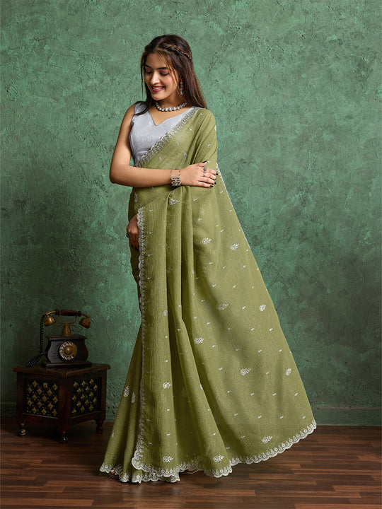 Pure Georgette Solid Embroidered Saree With Scalloping And Fancy Blouse