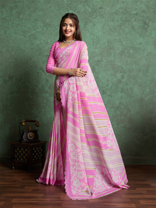 Poly Chiffon Leheriya Printed Saree With A Floral Touch And Swaroski Work With Scalloping