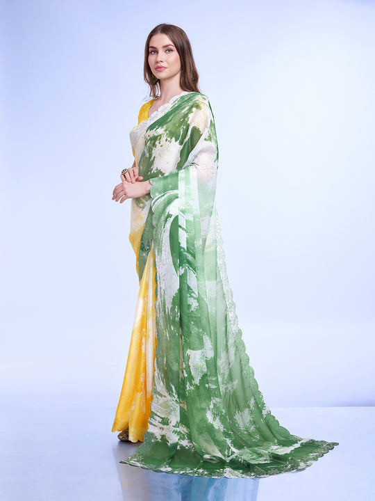 Green Poly Chiffon Festival Saree With Blouse Piece