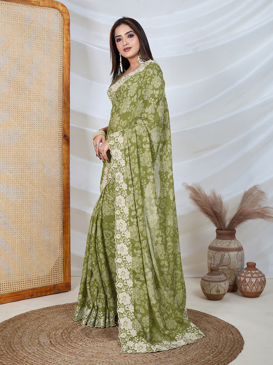 Poly Georgette Geometric Print Saree With Embroidery And Scaloping Work With Unstitched Blouse Piece