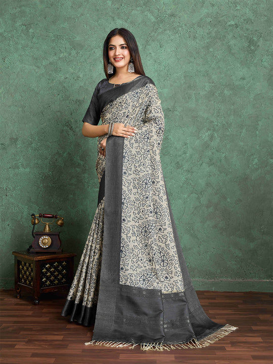 Milkywhite Pure Handloom Tussar Woven Pallu Ajrakh Printed With Blouse Piece