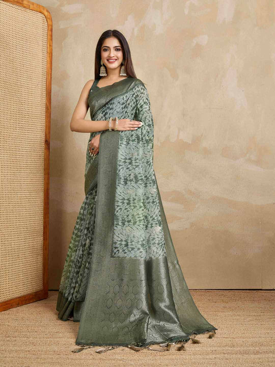 Green Pure Cotton Tie And Dye Printed Banarasi Rich Pallu Saree With Zari Tassels Saree With Blouse Piece