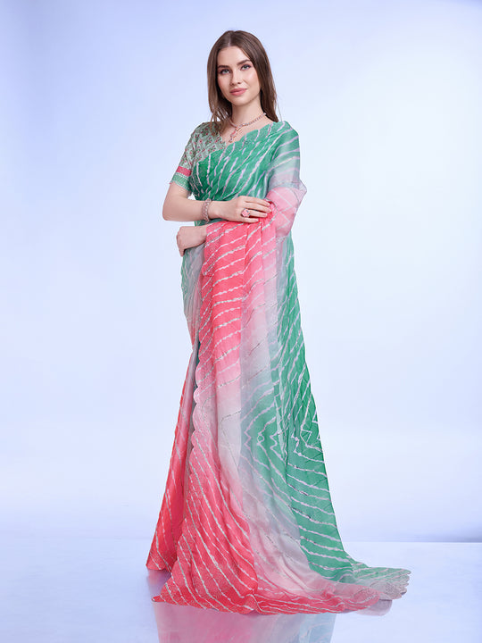 Green Poly Chiffon Festival Saree With Blouse Piece