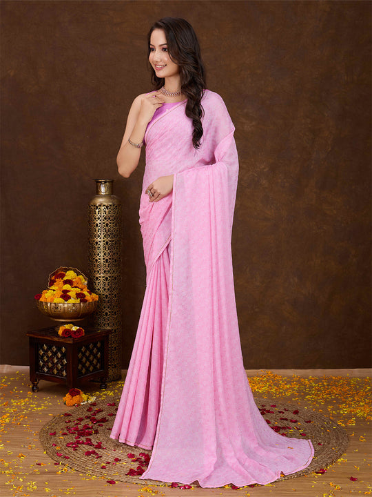 Pink Crepe Georgette Gold Foil Embellished Printed Saree With Blouse Piece