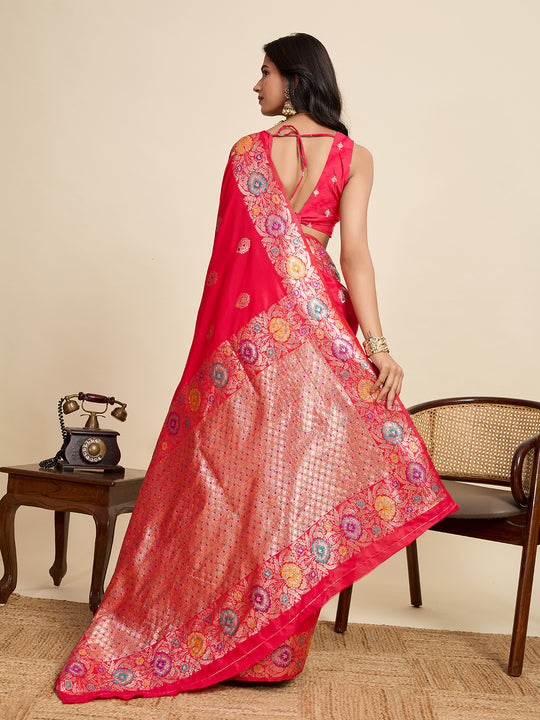 Pink Pure Jacquard Fabrics With Sona Chandi Pure Zari Work Saree With Blouse Piece