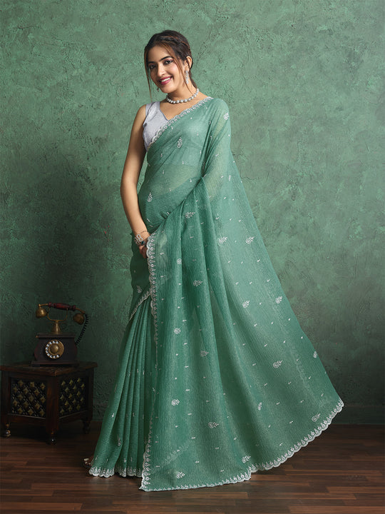 Pure Georgette Solid Embroidered Saree With Scalloping And Fancy Blouse
