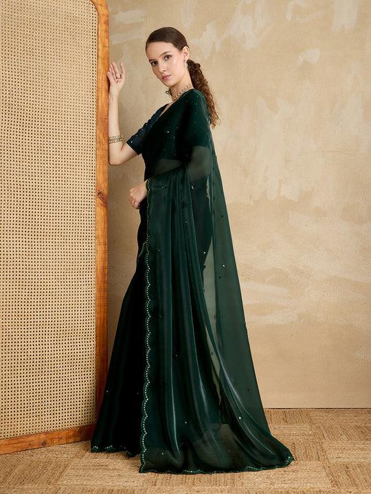 Embellished Mirror Work Organza Saree With Blouse Piece