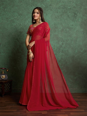 Poly Chiffon Dyed Saree With Heavy Embroidered Blouse Piece