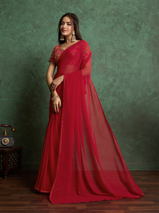 Poly Chiffon Dyed Saree With Heavy Embroidered Blouse Piece