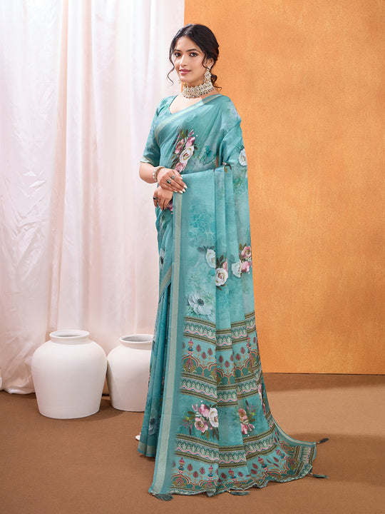 Turquise Poly Crepe Party Wear Saree With Blouse Piece