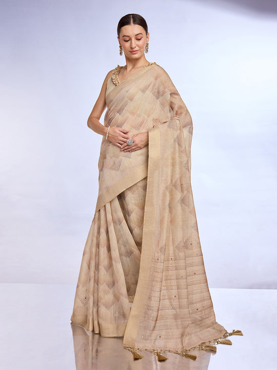 Cream Tissue Linen Blend Saree With Blouse Piece