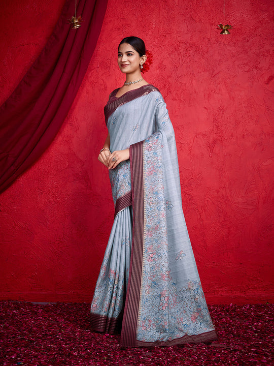 Grey Poly Silk Festival Saree With Blouse Piece