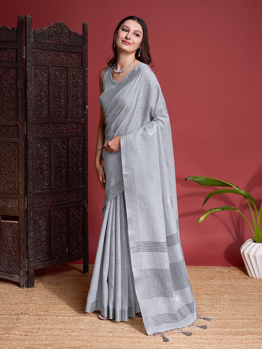 Grey Linen Blend Saree With Blouse Piece