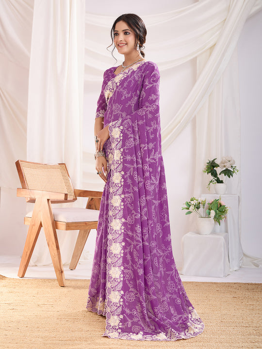 Purple Poly Georgette Festive Wear Saree With Blouse Piece