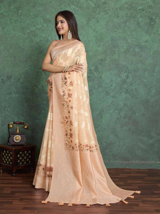 Beige Pure Cotton Lucknowi Woven Printed Saree With Tassels Saree With Blouse Piece