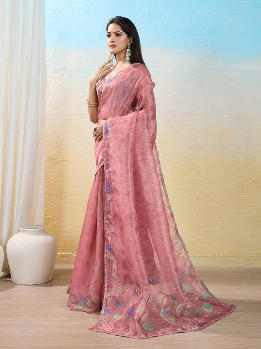 Peach Organza Zari Woven Printed Saree With Hand-Sequence Embellishment Saree With Blouse Piece
