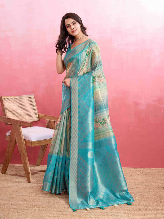 Blue Cotton Banarasi Woven Rich Pallu Printed Saree With Blouse Piece