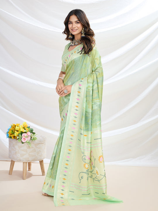 Pista Green Handloom Silk Festive Wear Saree With Blouse Piece