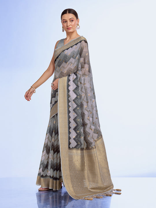 Grey Cotton Blend Saree With Blouse Piece