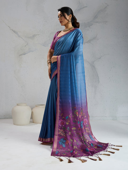 Pure Chiffon Digital Printed Woven Saree With Woven Border And Fancy Tassels