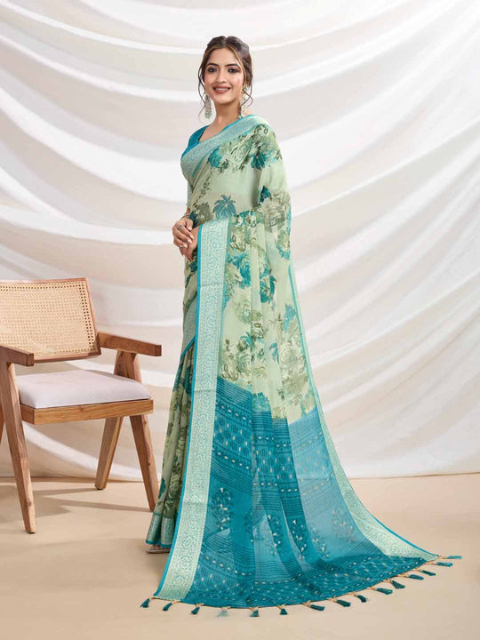 Light Green Silk Chiffon Viscose Border Floral Printed Saree Saree With Blouse Piece