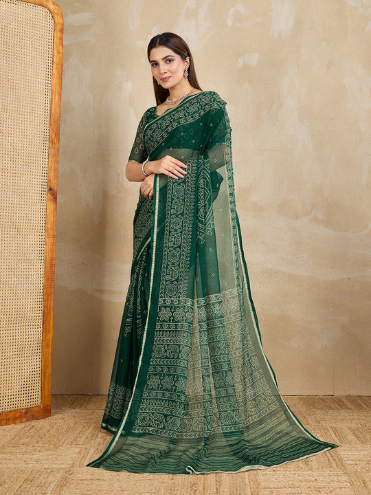 Pure Chiffon Bandhani Printed Saree With Viscose Woven Border And Blouse Piece