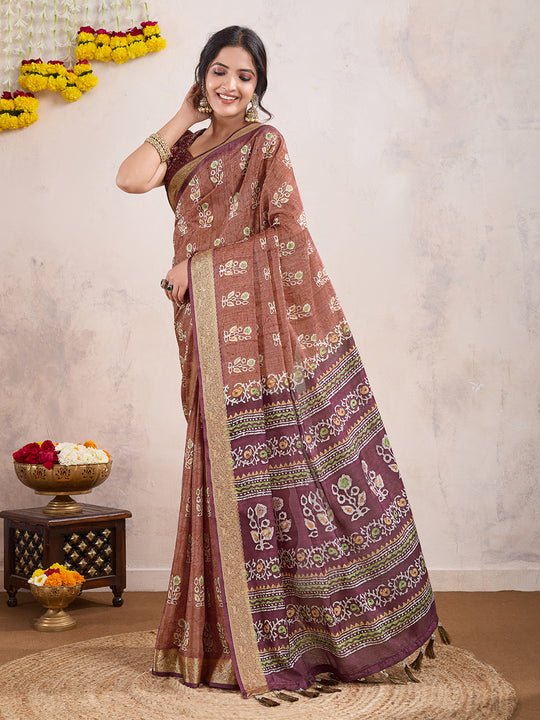 Brown Poly Crepe Festive Wear Saree With Blouse Piece