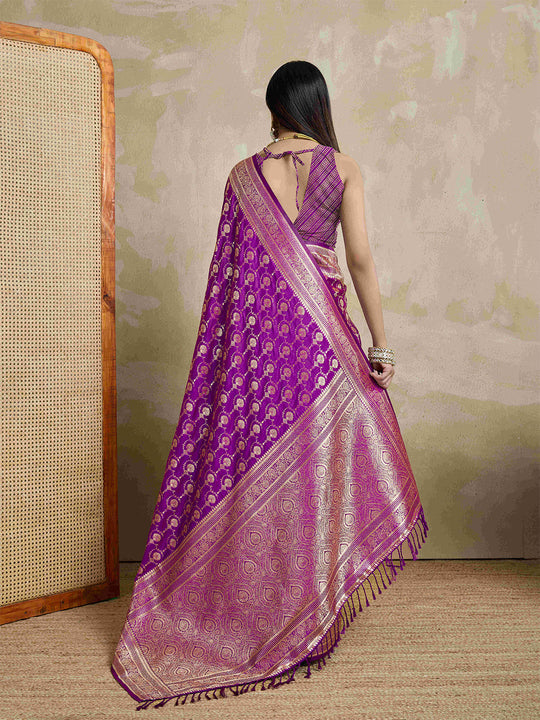 Purple Pure Satin Banarasi Saree With Tassels Saree With Blouse Piece