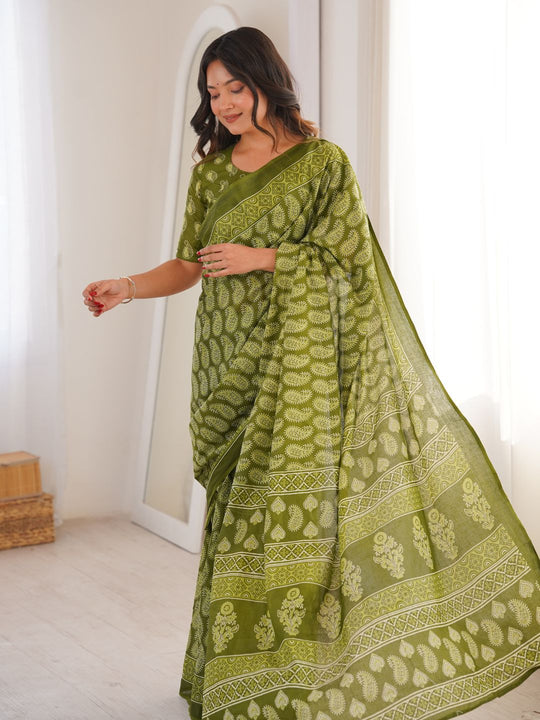 Soft Pure Cotton Hand Bagru Print Sarees With Blouse Pice