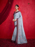 Blue Pure Tussar Viscose Border Paisley Digital Printed With Blouse Piece