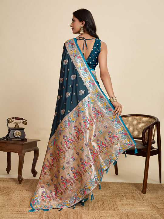 Teal Blue Soft Silk Sarees Premium Two Tone Satin Fabric With Unique Pathani Designs Saree With Blouse Piece