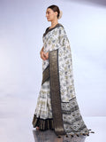 White & Black Dola Silk Saree With Blouse Piece