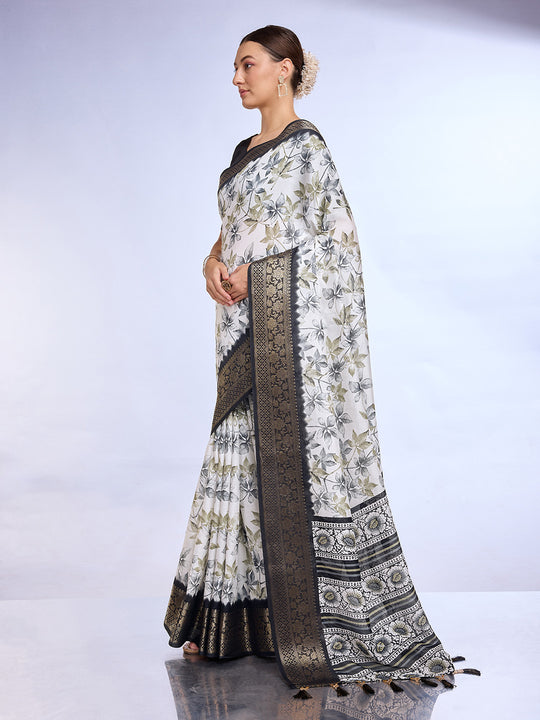 White & Black Dola Silk Saree With Blouse Piece