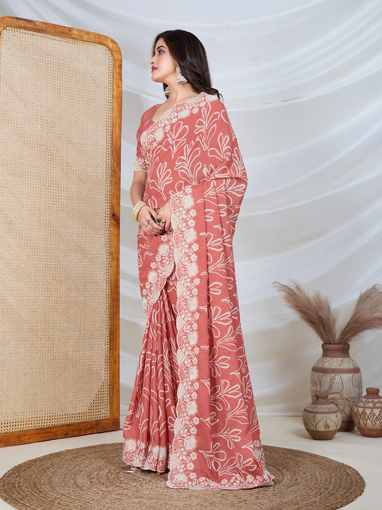 Poly Georgette Geometric Print Saree With Embroidery And Scaloping Work With Unstitched Blouse Piece