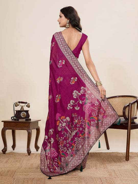Violet Cotton Saree With All Over Light Single Colour With Table Printed And Border Piping Saree With Blouse Piece