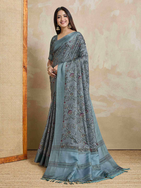 Grey Pure Handloom Tussar Woven Pallu Ajrakh Printed With Blouse Piece