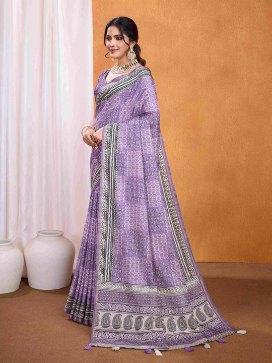 Purple Pure Tussar Silk Ajrakh Block Printed With Blouse Piece