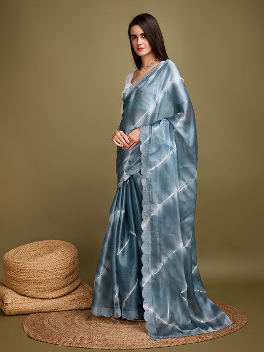 Grey Organza Party Wear Saree With Blouse Piece