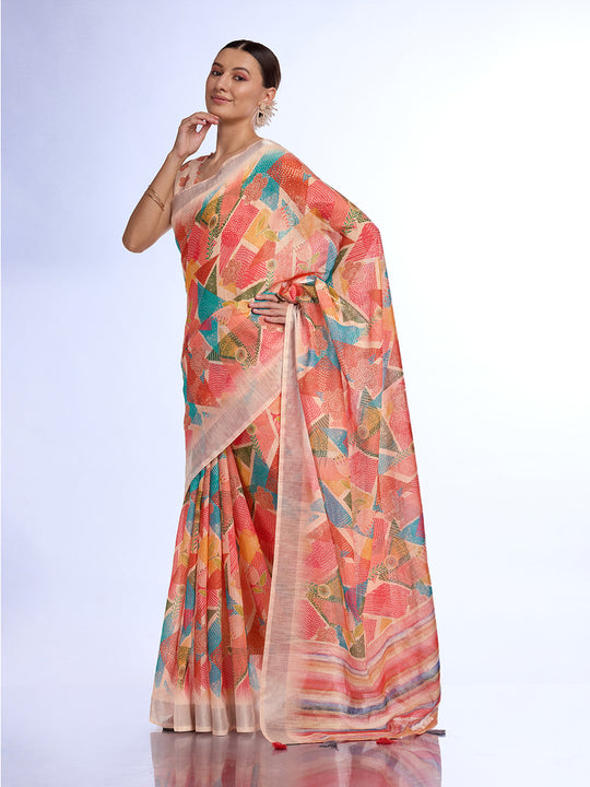 Red Linen Blend Saree With Blouse Piece