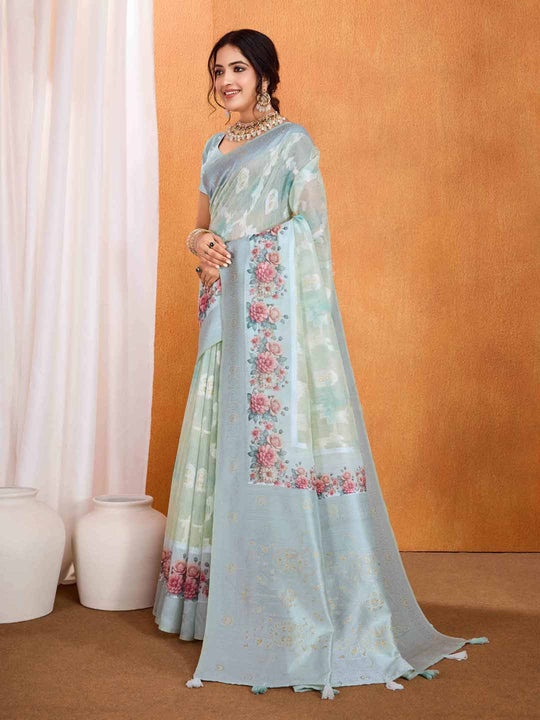 Seagreen Pure Cotton Lucknowi Woven Banarasi Saree With Ombre Floral Prints