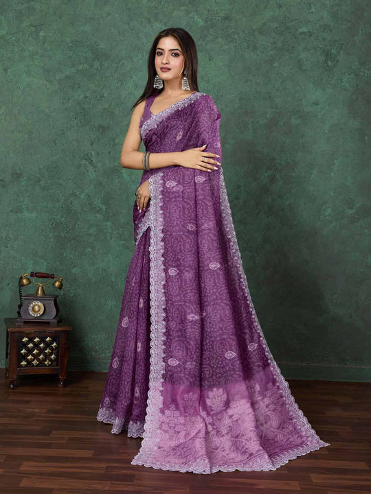 Wine Cotton Banarasi Printed Saree With Thread Embroidery Scalloping  Saree With Blouse Piece